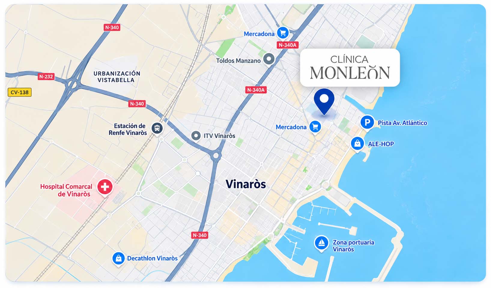 Mapa orientativo de Clínica Monleón en Vinaròs, con referencias locales para encontrar la clínica