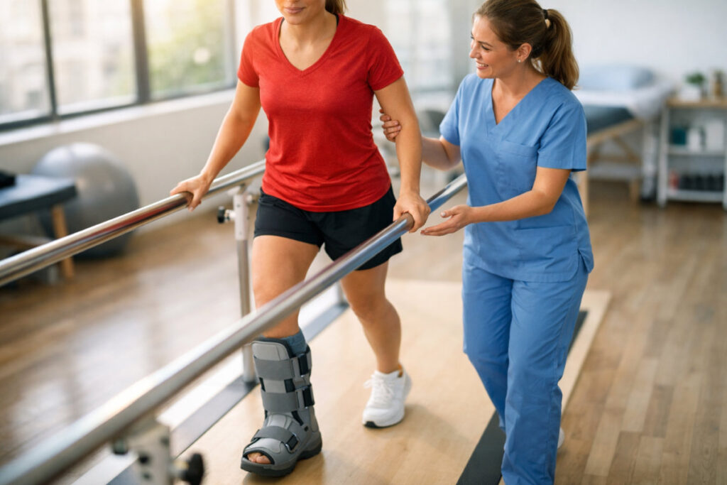 Paciente caminando con apoyo en rehabilitación tras fractura de tibia y peroné en clínica de fisioterapia