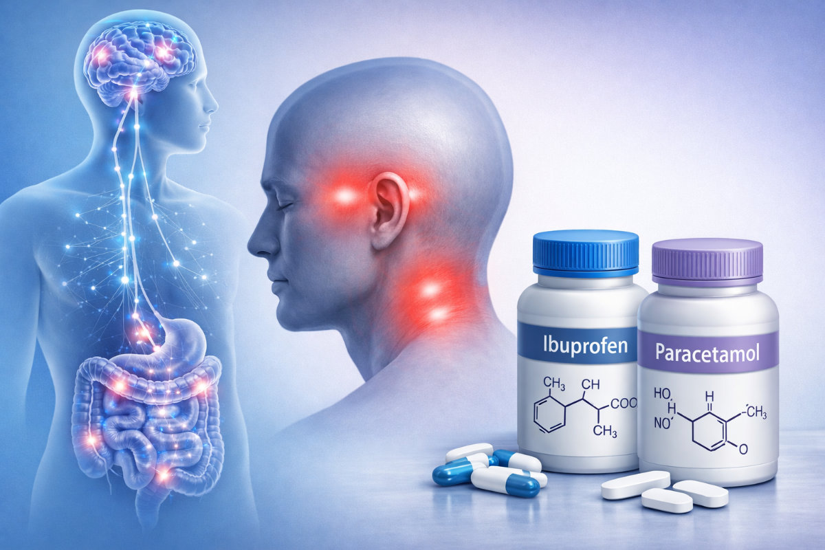 Comparación ibuprofeno vs paracetamol para dolor de cabeza mostrando eje intestino-cerebro y efectos en microbiota